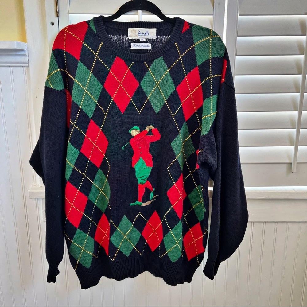 Pringle of Scotland Hand Intarsia Navy Blue Argyle Embroidered Golfer Sweater